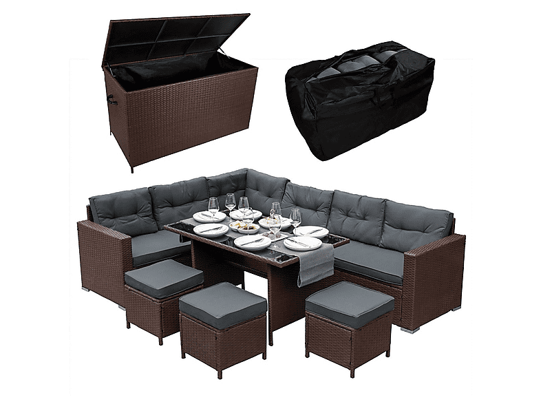 Conjunto de jardín - Monster Comedor de Ratán y Caja de Almacenamiento - Marrón, 240 cm x 180 cm x 70 cm — foto 1