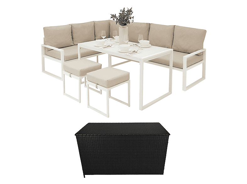 Conjunto de jardín - Monster Esquinero de aluminio Blanco + Caja en ratán negro, 241 cm x 173,5 cm x 66 cm, Blanca
