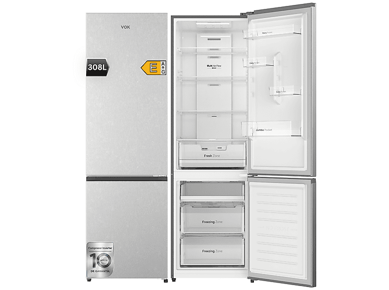 Frigorífico combinado - Vok EVR-308NCEI, Compresor Inverter, No Frost, Altura 185,5 cm, Capacidad 308 l, Inox