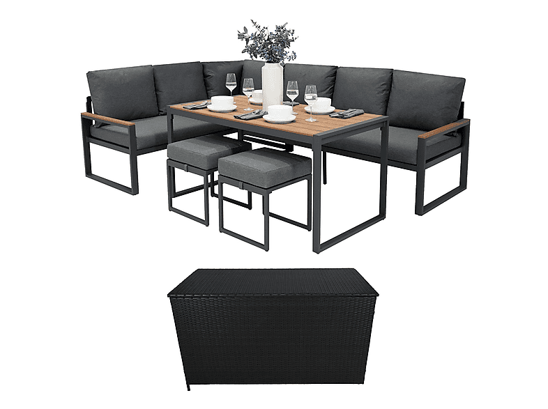 Conjunto de jardín - Monster Esquinero de aluminio Efecto Madera + Caja en ratán negro, 241 cm x 173,5 cm x 66 cm, Marrón