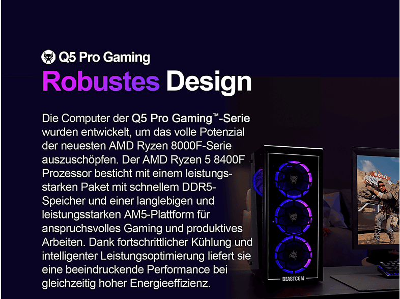 Pack PC gaming - Beastcom Q5 Pro Gaming, AMD Ryzen™ 5 8400F, 16 GB RAM, 1 TB SSD, GeForce RTX™ 5060 Ti, Windows 11 Home, Monitor 27 " Full-HD, Negro — foto 6
