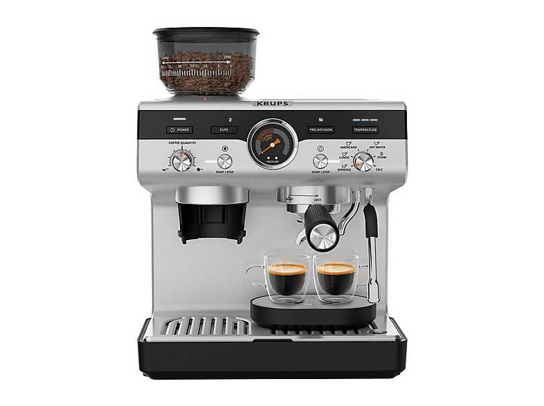 Cafetera express - Krups XP801T PROFESIONAL PRESICION C/MOLINILLO, 15 bar, 1550 W, 120 ml, 2 tazas, Inox