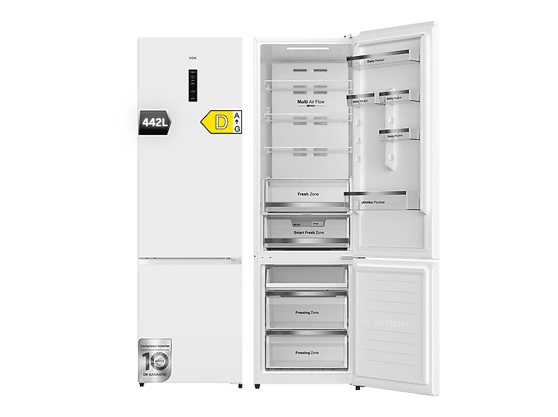 Frigorífico combinado - Vok EVR-442NDWCP, Compresor Inverter, No Frost, Altura 198,5 cm, Capacidad 442 l, Blanco