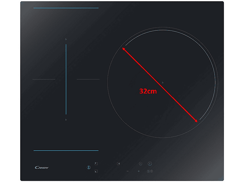 Placa inducción - Candy CTP634C, 3 Zonas, 2 Zonas Flex, Zona grande 32 cm, Float glass, 60 cm,Negro