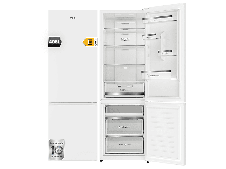 Frigorífico combinado - Vok EVR-405NEW, Compresor Inverter, No Frost, Altura 185,5 cm, Capacidad 405 l, Blanco