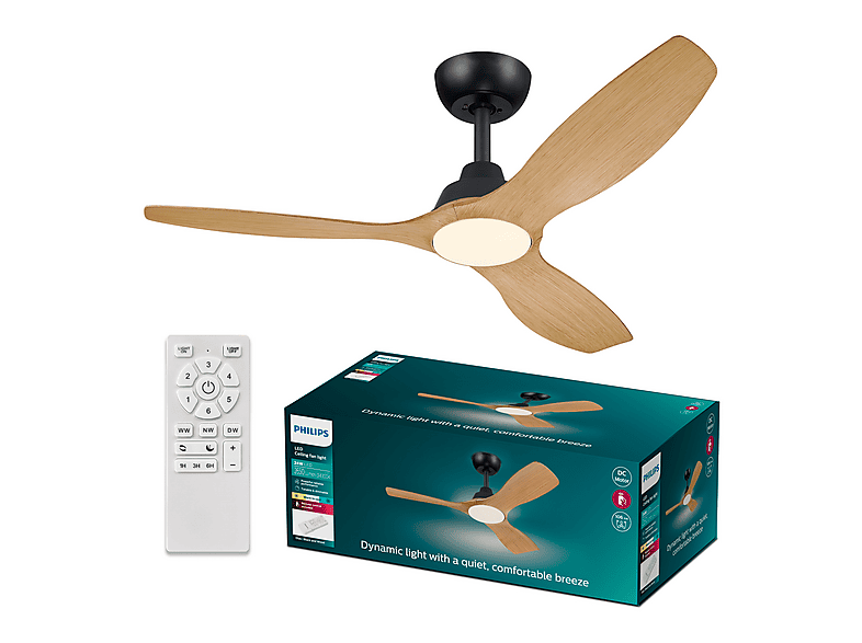 Ventilador de techo - Philips Olas 32 W + 24 W, 28 W, 3 velocidades, Negro/Madera