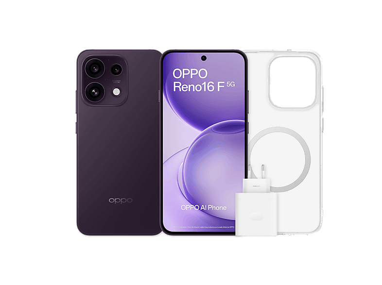 Móvil - Oppo Bundle Reno16 F, Púrpura Negro, 256 GB, 8 GB RAM, 6.57" AMOLED, Mediatek Dimensity 7300, 6500 mAh, Incluye Funda y Cargador