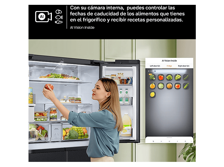 Frigorífico americano - Samsung RF65DG9H0EB1EF, Family Hub 4 puertas, Triple Cooling, 183 cm, 636 l, No Frost, Wifi, Negro — foto 8