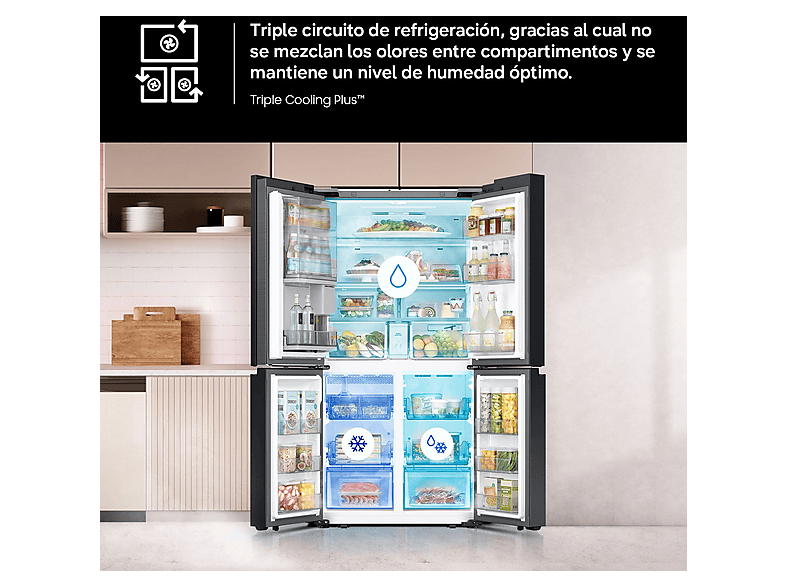 Frigorífico americano - Samsung RF65DG9H0EB1EF, Family Hub 4 puertas, Triple Cooling, 183 cm, 636 l, No Frost, Wifi, Negro — foto 9