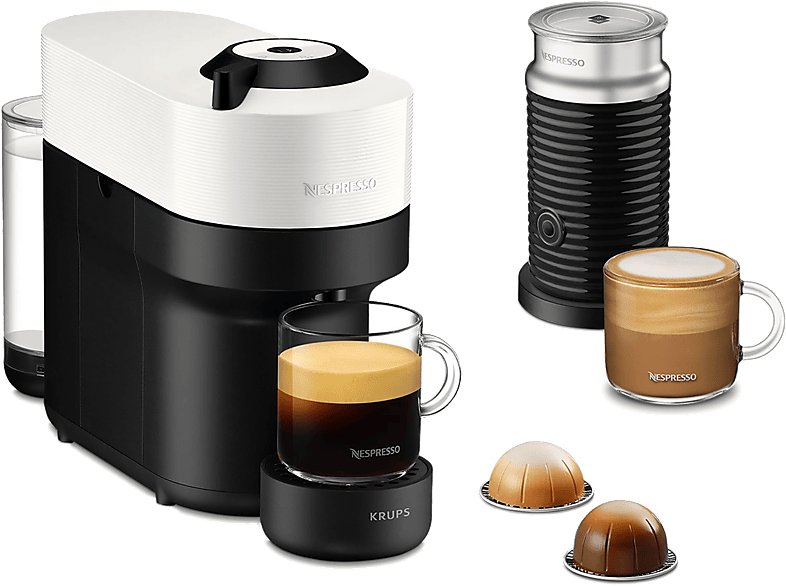 Cafetera de cápsulas - Krups Vertuo Pop XN9211, 19 bar, 240 ml, 1500 W, Negro, Blanco