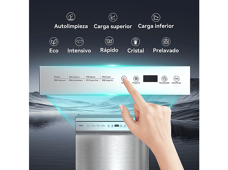 Lavavajillas libre instalación 60 cm - Vok EVD-14FCSAD, 8 programas, 60 cm, Inox — foto 5