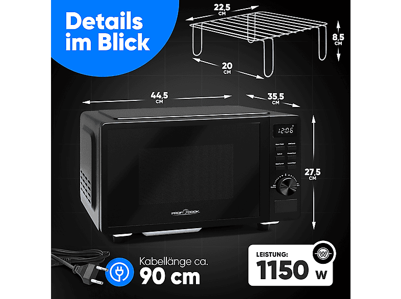 Microondas - Proficook PC-MWG 1278, 1150 W, 5 potencia, Negro — foto 7