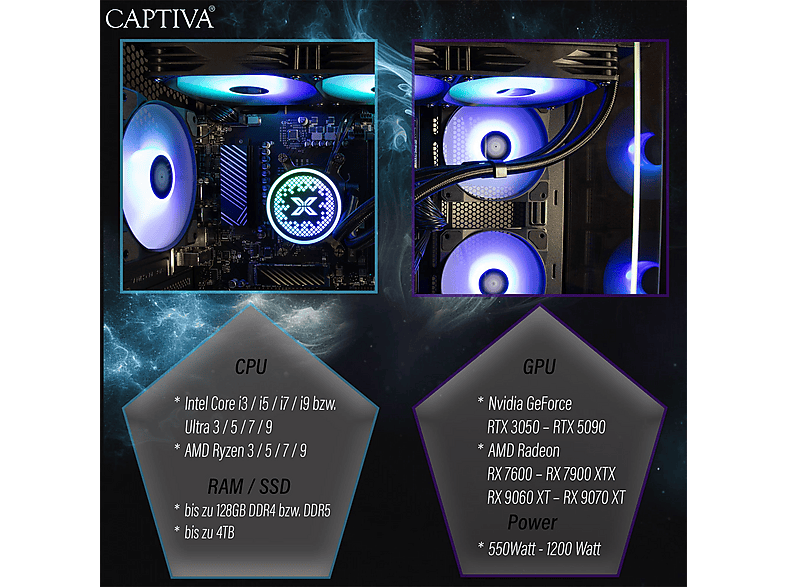 PC Gaming - Captiva PC Highend Gaming I89-799 (i7-14700F/RTX5070 Ti 16GB GDDR7/SSD 2TB/32GB/WLAN/Windows 11 Home 64-bit), Intel Core i7 14700F, Negro — foto 7