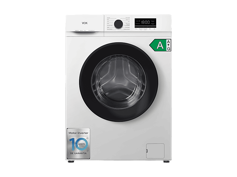 Lavadora carga frontal - Vok EVW-8BAWL2412, Motor Inverter, 8 kg, 1200 rpm, 14 programas, Blanco