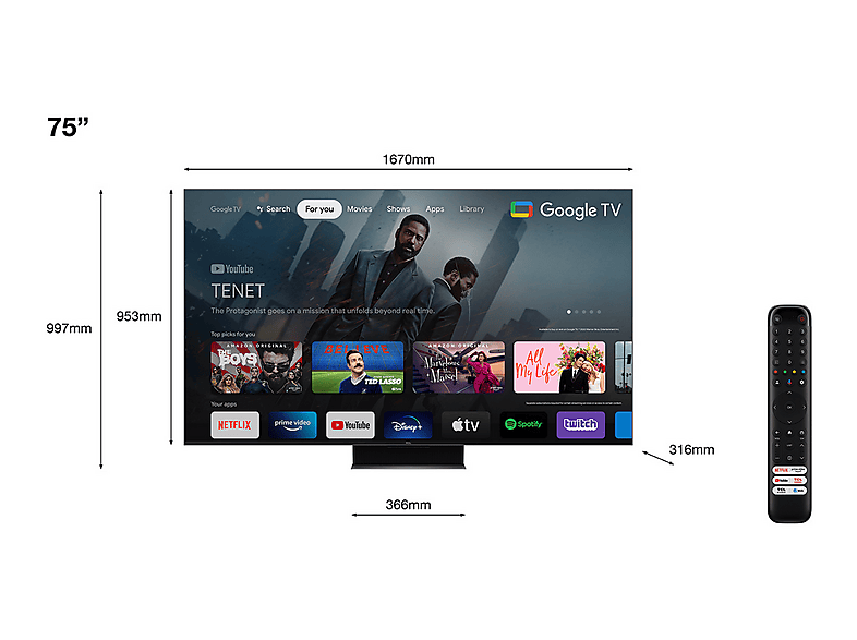 TV Mini LED 75" - TCL 75C845, UHD 4K, Quad Core, Smart TV, DVB-T2 (H.265), Negro — foto 4