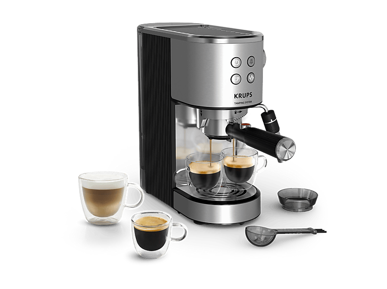 Cafetera express - Krups Virtuoso XP499E, Sitema de autoprensado, 15 bares, Panel frontal intuitivo, Barista, Thermoblock, Compacta, Inox