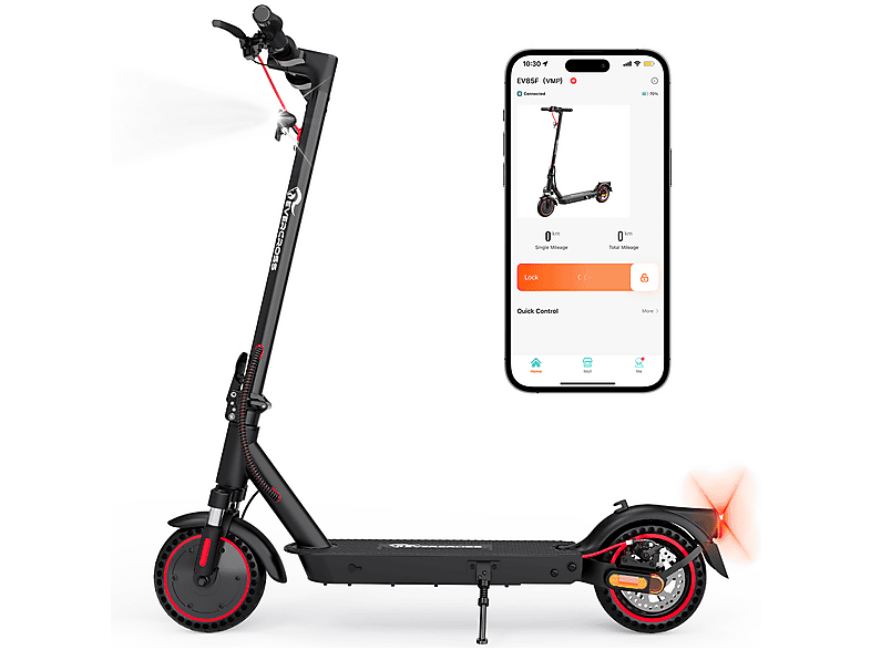 Patinete eléctrico - Evercross Tech EV85F homologado, Pot. máx. 350 W, Carga máx. 120 kg, 7800 mAh, Negro rojo