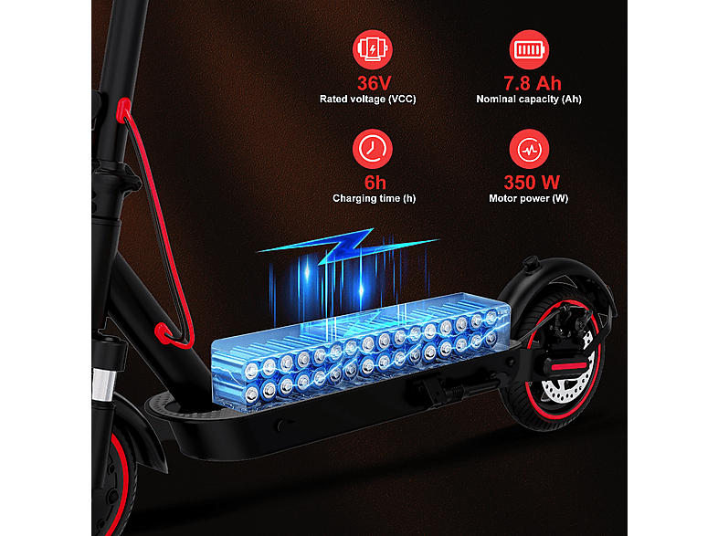 Patinete eléctrico - Evercross Tech EV85F homologado, Pot. máx. 350 W, Carga máx. 120 kg, 7800 mAh, Negro rojo — foto 8