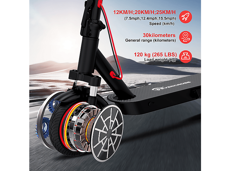 Patinete eléctrico - Evercross Tech EV85F homologado, Pot. máx. 350 W, Carga máx. 120 kg, 7800 mAh, Negro rojo — foto 9
