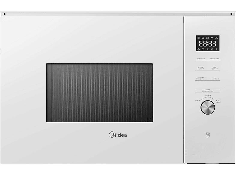 Microondas con grill integrable - Midea MBMTG925E-BK, 900 W, 1200W Potencia Grill, 7 Funciones, 25l, Cristal Blanco