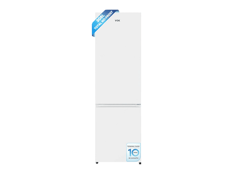 Frigorífico combinado - Vok EVR-308NCEW, Compresor Inverter, No Frost, Altura 185,5 cm, Capacidad 308 l, Blanco