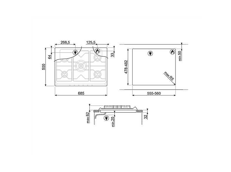 Placa de gas - Smeg Cucina SR275XGH2, 5 zone(s) zonas, 68,5 cm — foto 2