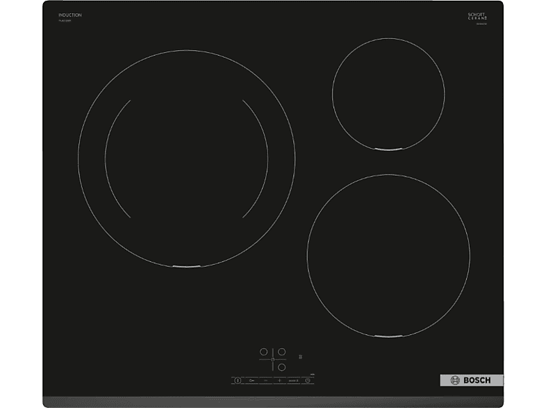Placa inducción - Bosch PIJ631BB5E, 3 zonas, Zona grande 28 cm, Control TouchSelect, función Sprint, 59.2 cm, Negro
