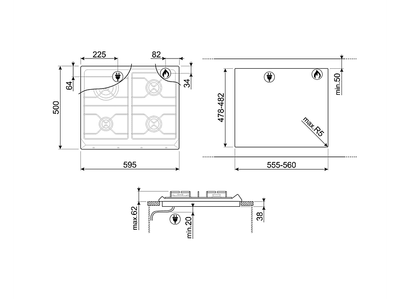 Placa de gas - Smeg 8017709233341, 4 zonas, Gas Natural, Gas Butano, Gas Propano, 59,5 cm, Inox — foto 6